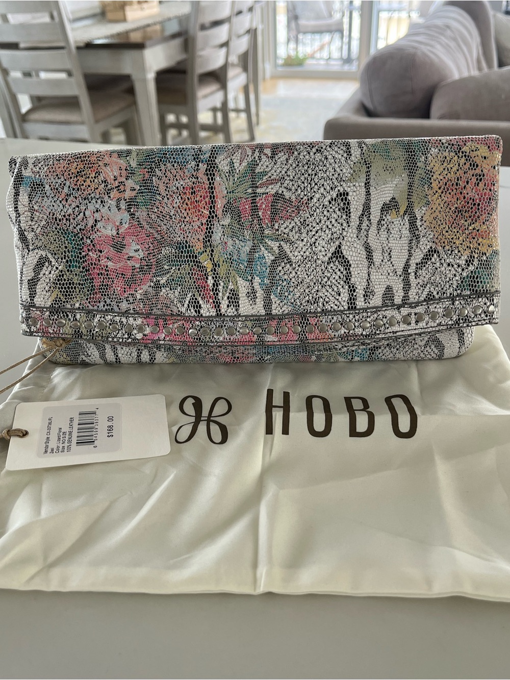 HOBO International Zeal Lizard Floral Leather Fold Over Zip Clutch Bag